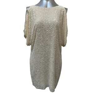 Aiden Mattox Sequin Beaded Silk Cold Shoulder Shift Dress Women's Size 4 Cream